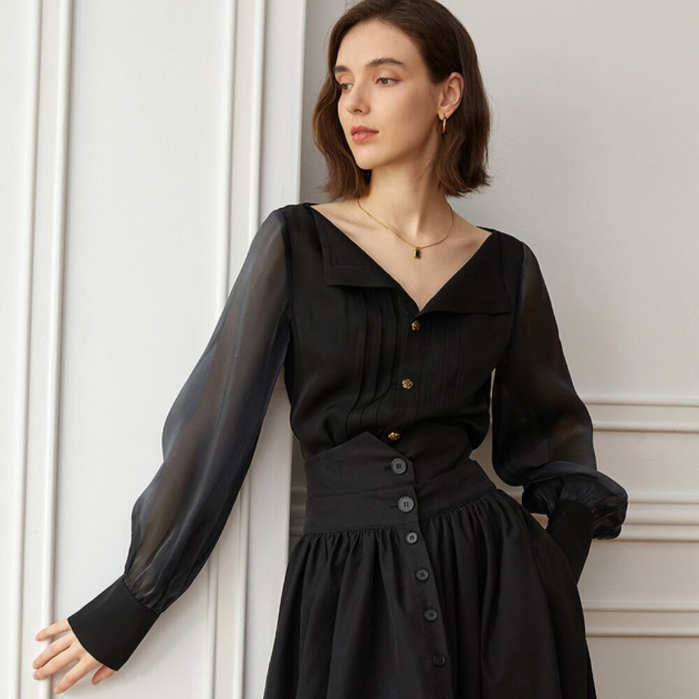 yyiam YY_Banquet Lapel Lantern Black Blouse Size S